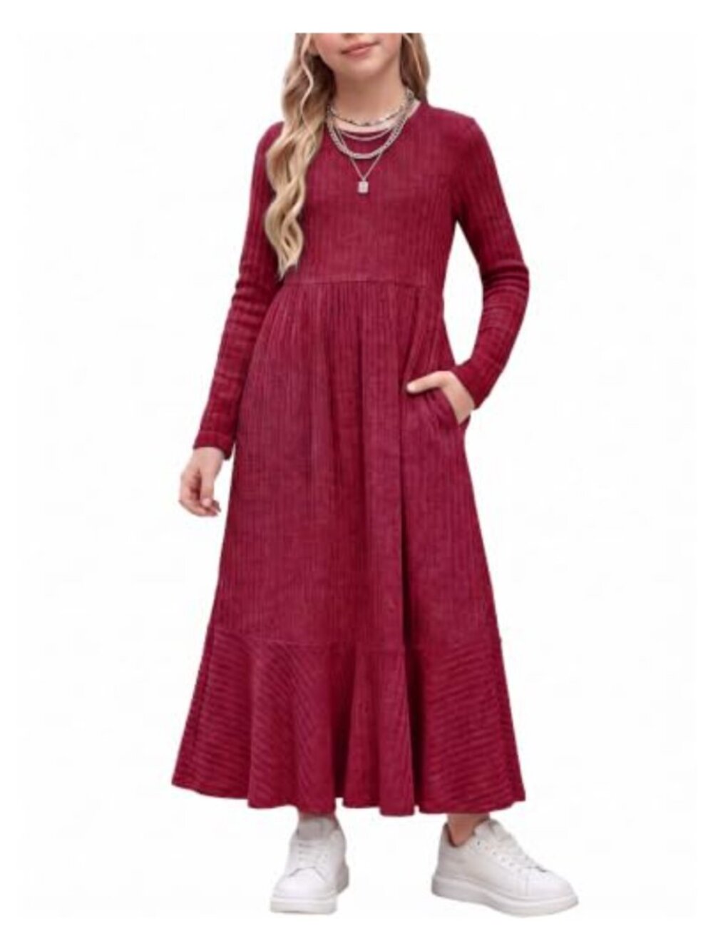 Girls Long Sleeve Knit Sweater Dress Maxi Pullover A-Line Pockets